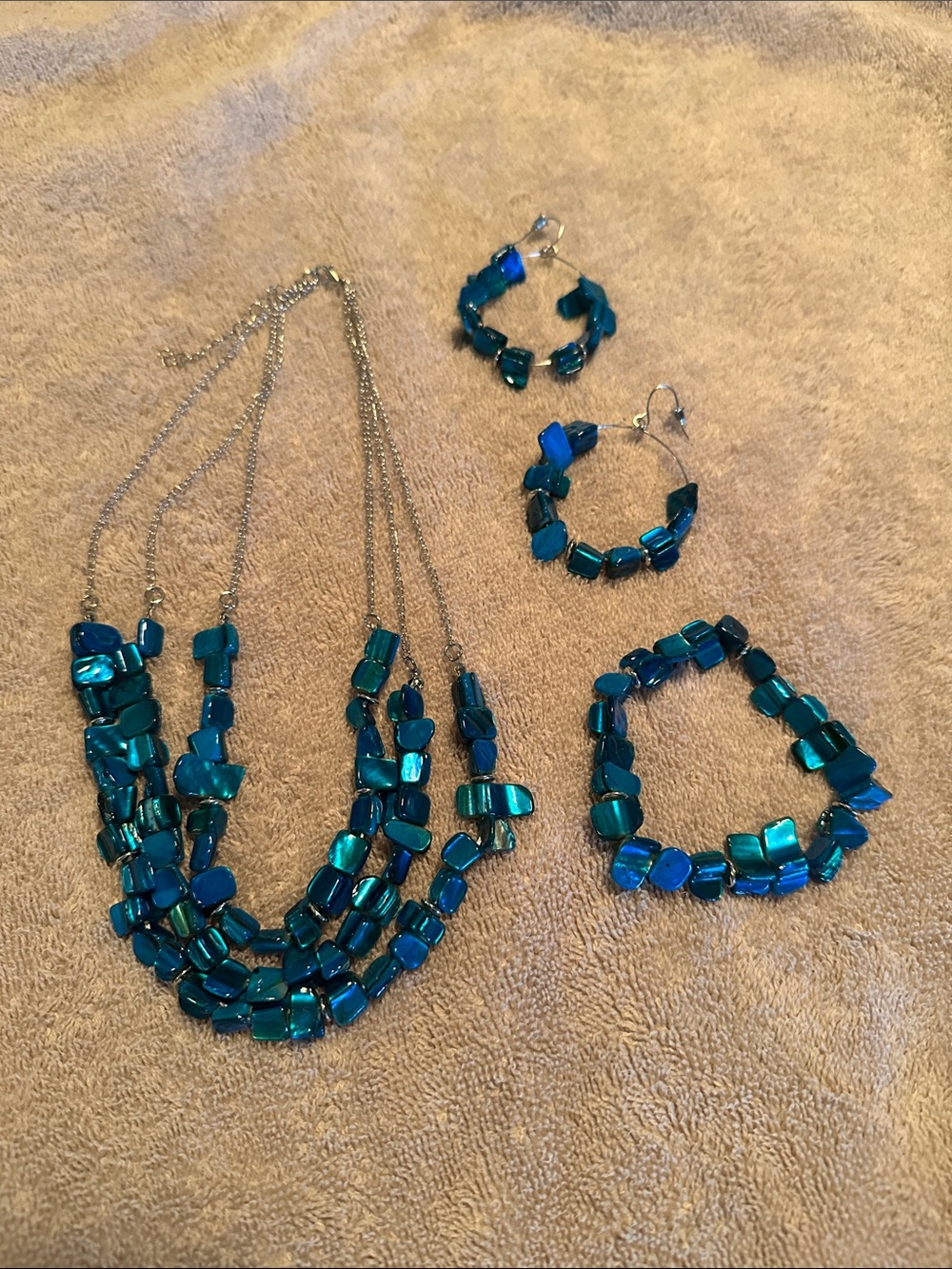 Teal Blue Multi-Strand Necklace, Bracelet & Hoop Earrings Set